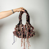 COCCHINA BAG - BLACK/PINK CROCHET WITH FRINGES AND RHINESTONE