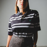 Vintage re-made black and white striped polo shirt customized with silver rhinestones and jewel buttons - cropped version