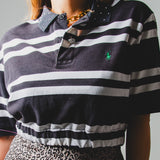 Vintage re-made black and white striped polo shirt customized with silver rhinestones and jewel buttons - cropped version