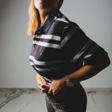 Vintage re-made black and white striped polo shirt customized with silver rhinestones and jewel buttons - cropped version