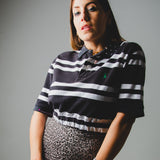 Vintage re-made black and white striped polo shirt customized with silver rhinestones and jewel buttons - cropped version