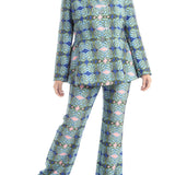 Printed stretch cady jacket and flared trousers set size 46