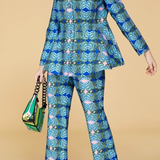 Printed stretch cady jacket and flared trousers set size 46