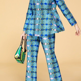 Printed stretch cady jacket and flared trousers set size 46