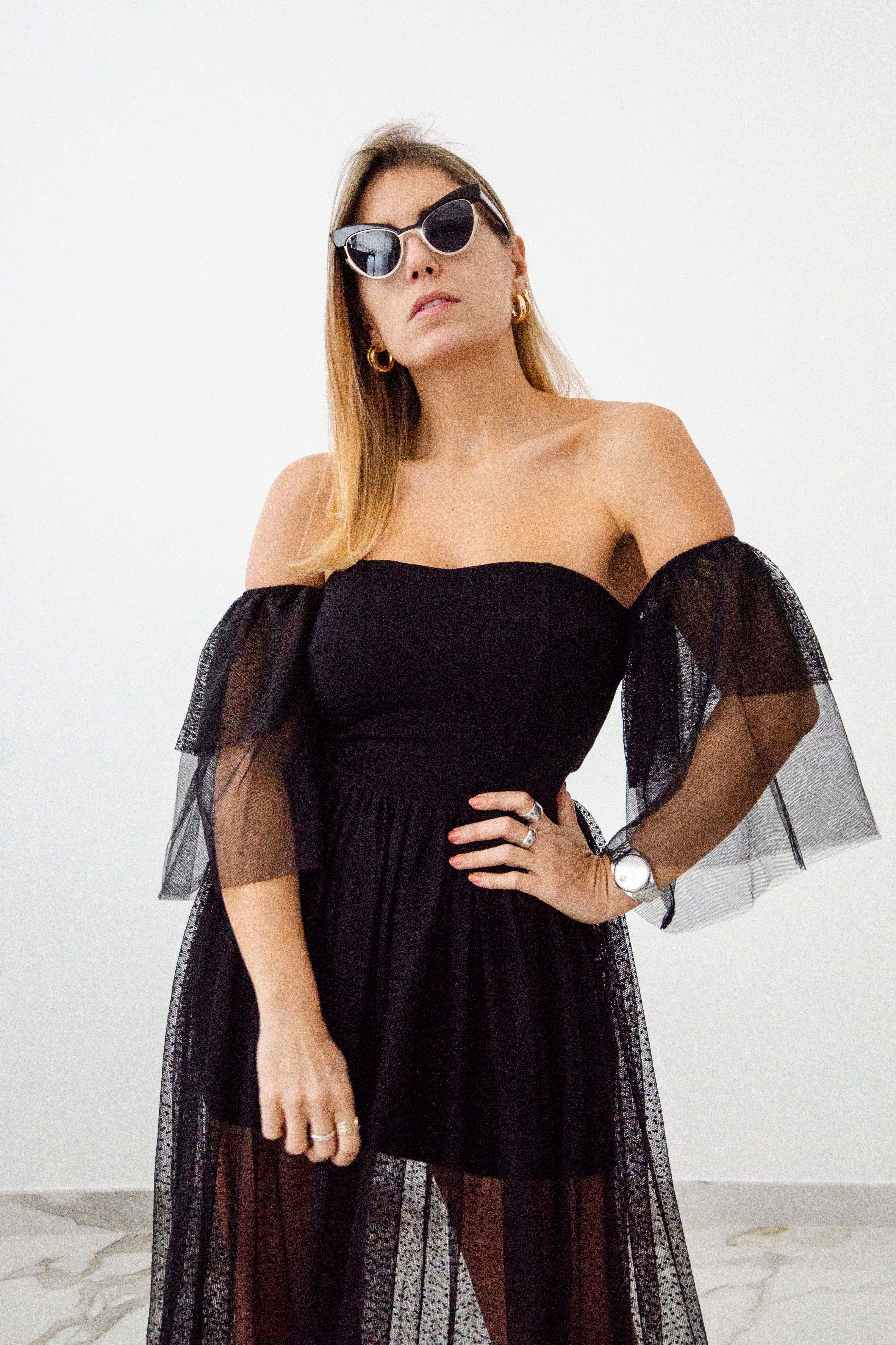 Abito nero con pizzo e tulle Tg XS