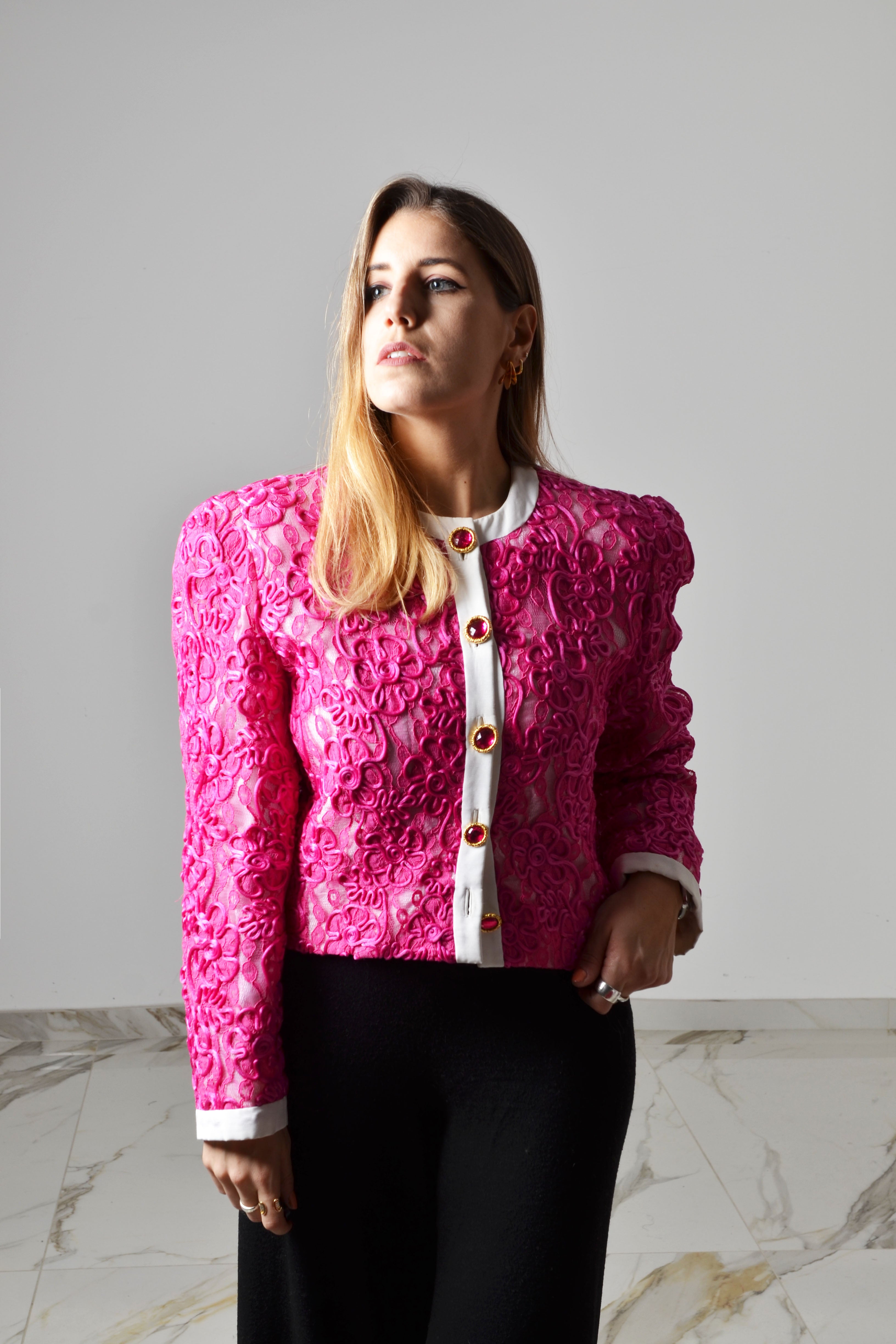 Giacca vintage da donna in pizzo fuxia taglia S