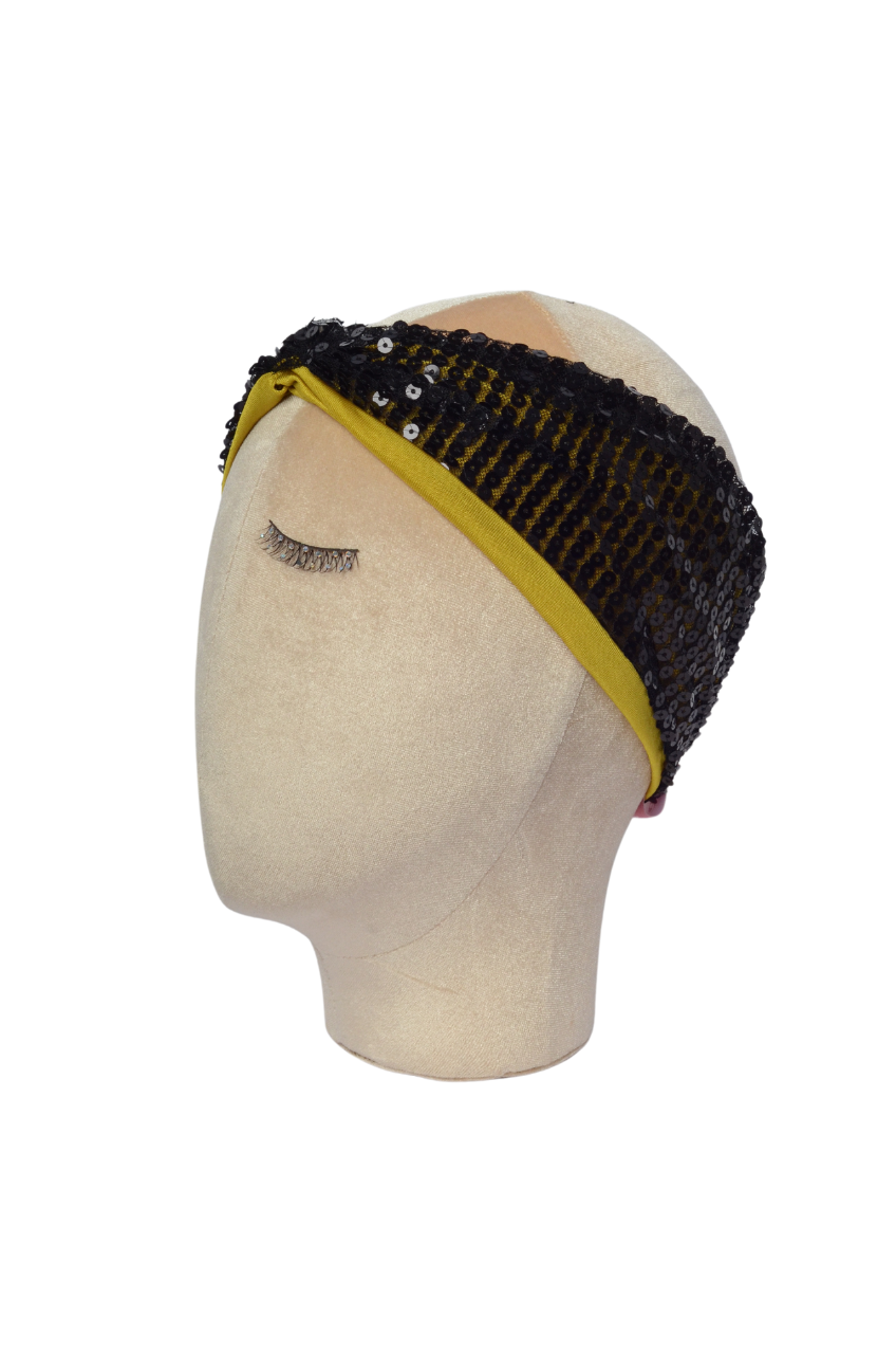 Fascia elastica per capelli nera con paillettes e cotone giallo - doubleface