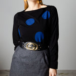 Maglia maniche lunghe in cotone nero con pois blu -  L