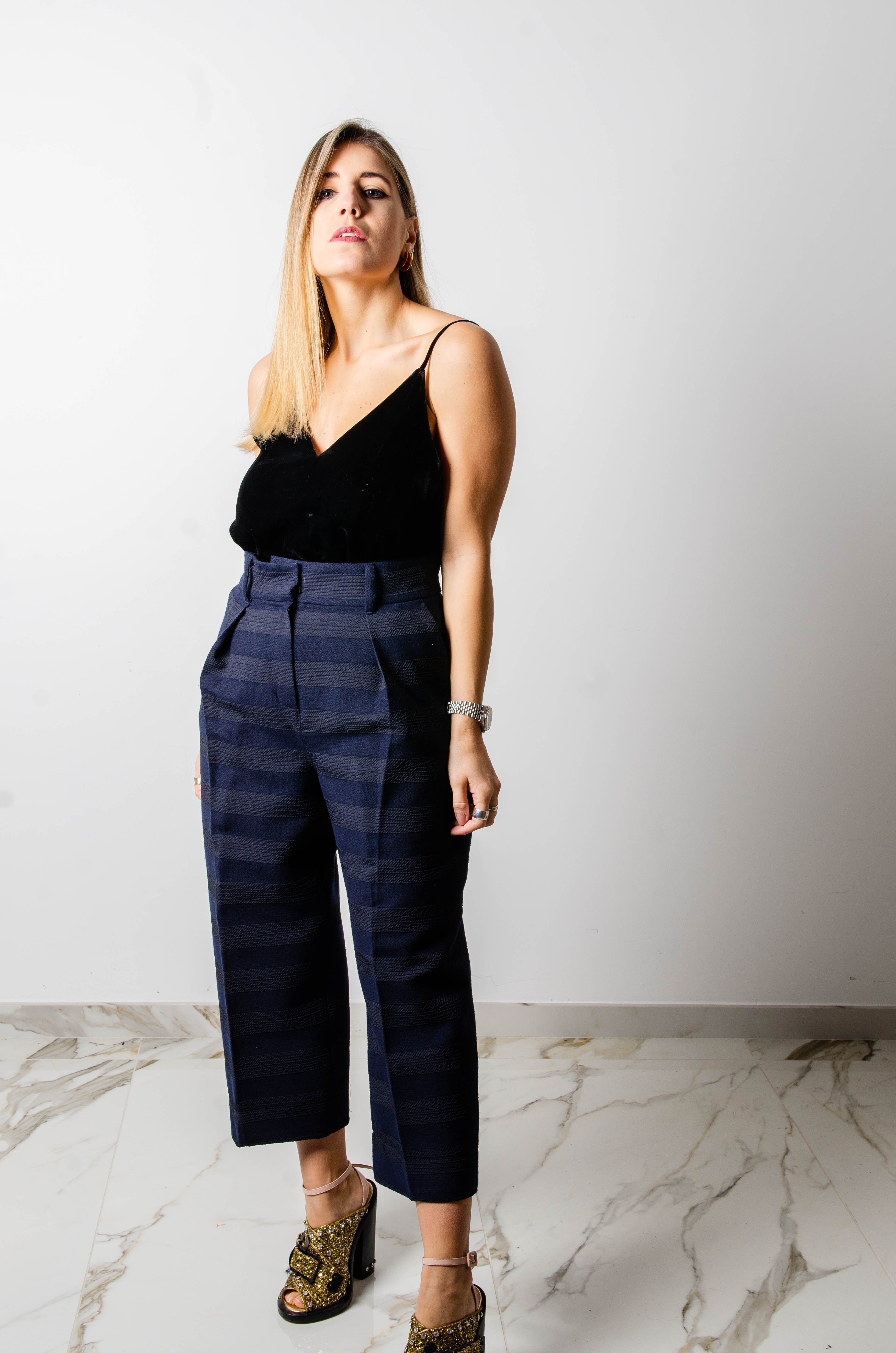 Pantaloni ampi a vita alta blu  MaxMara a righe Tg It 42