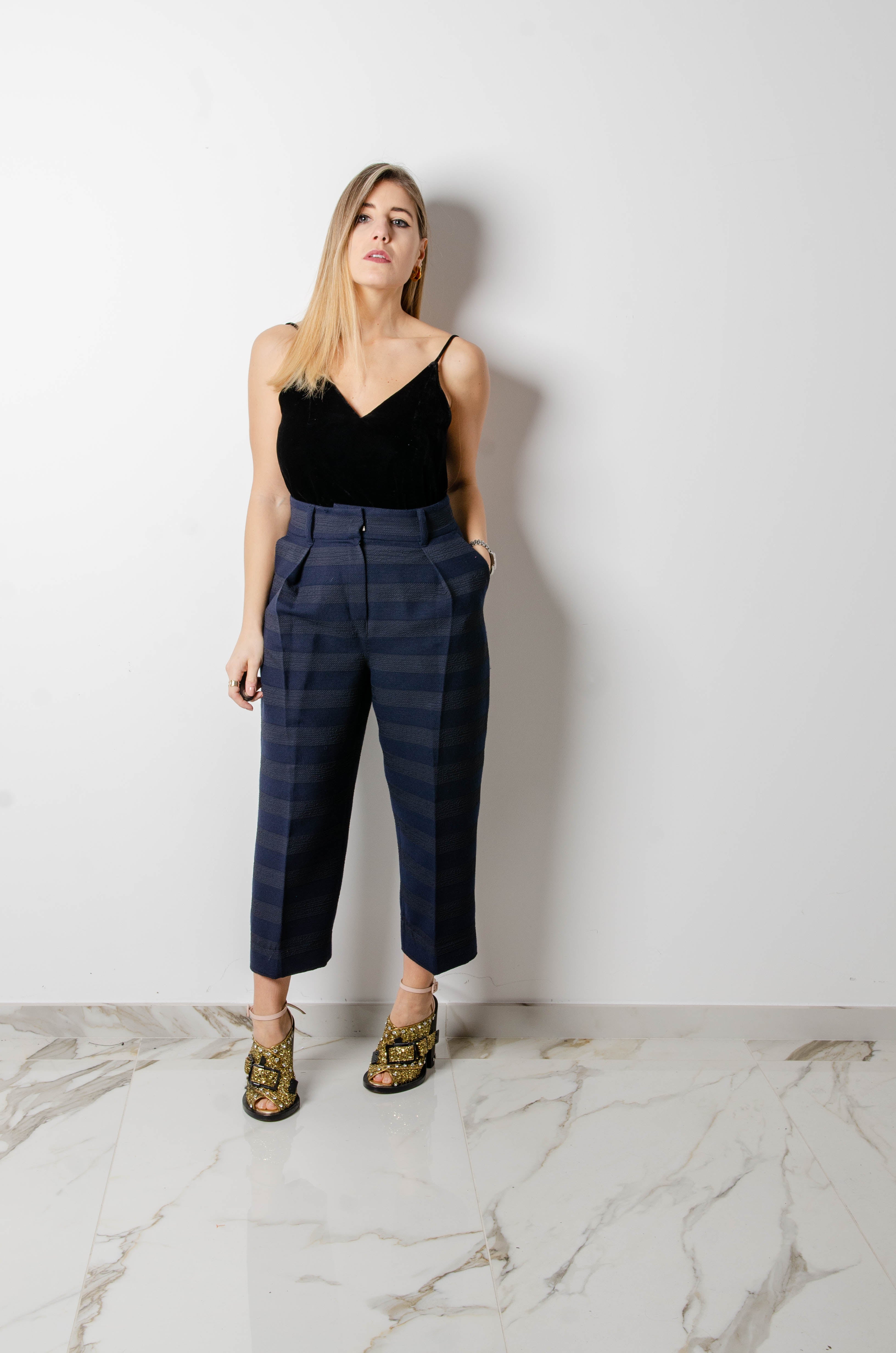 Pantaloni ampi a vita alta blu  MaxMara a righe Tg It 42