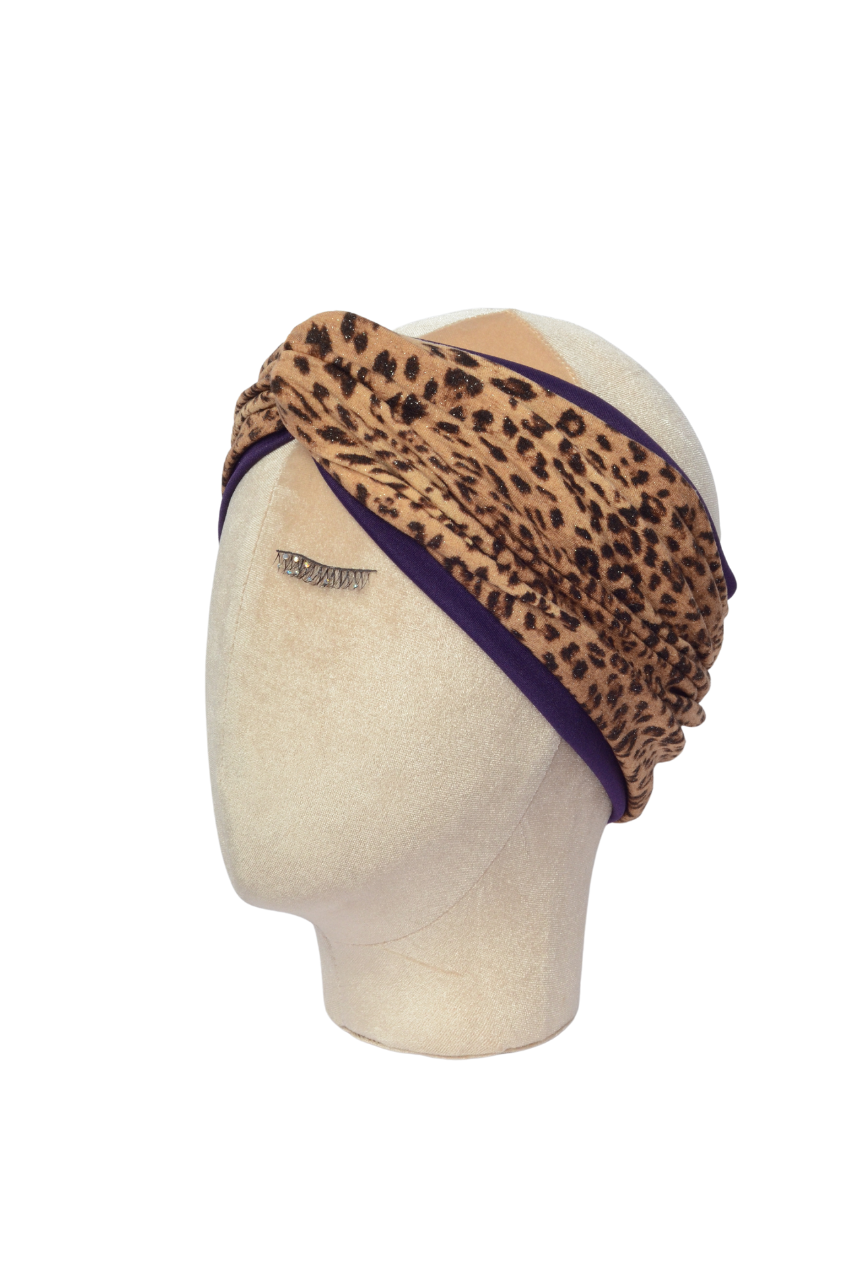 Fascia elastica per capelli in cotone leopardata e viola - doubleface