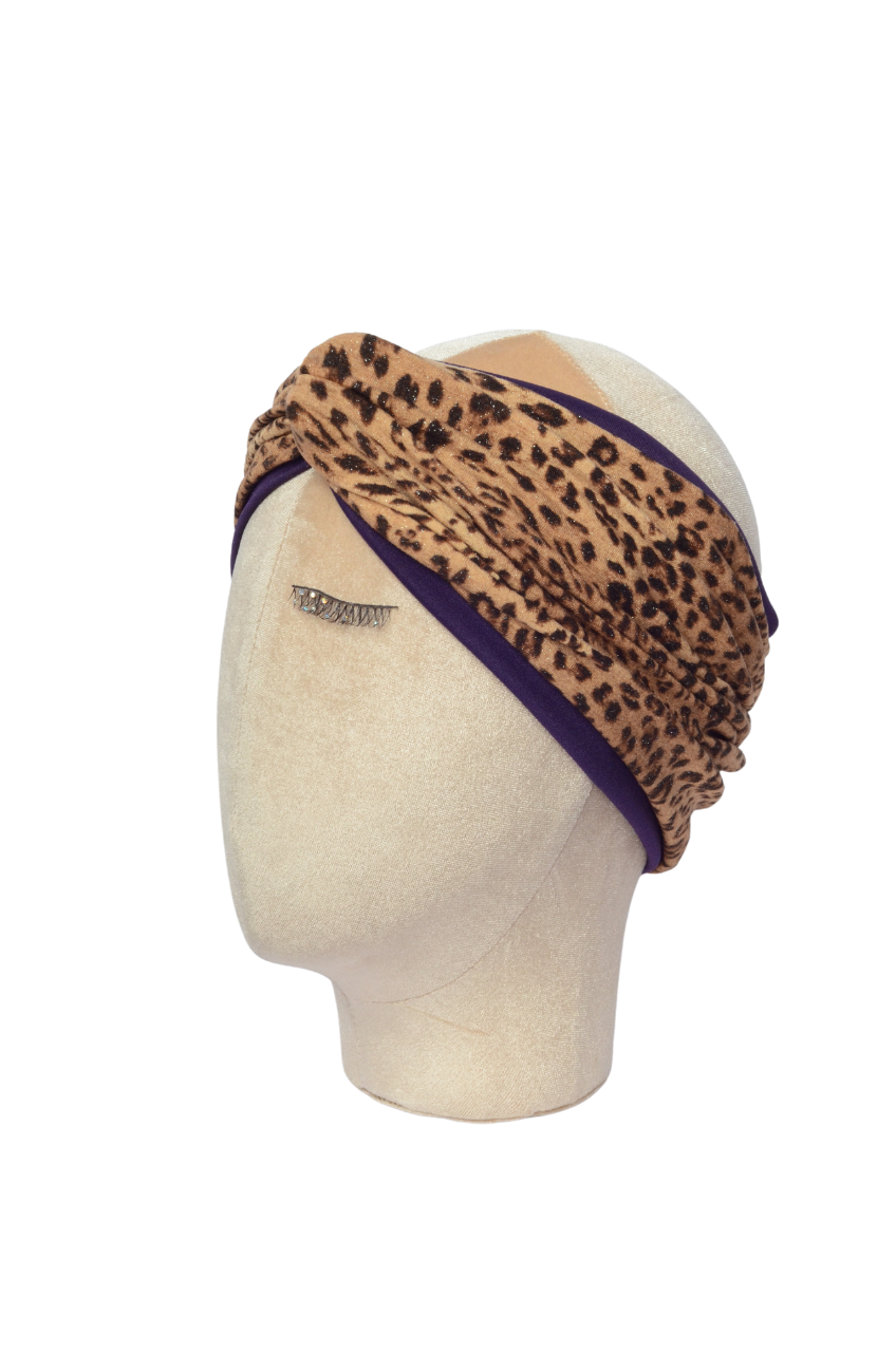 Fascia elastica per capelli in cotone leopardata e viola - doubleface