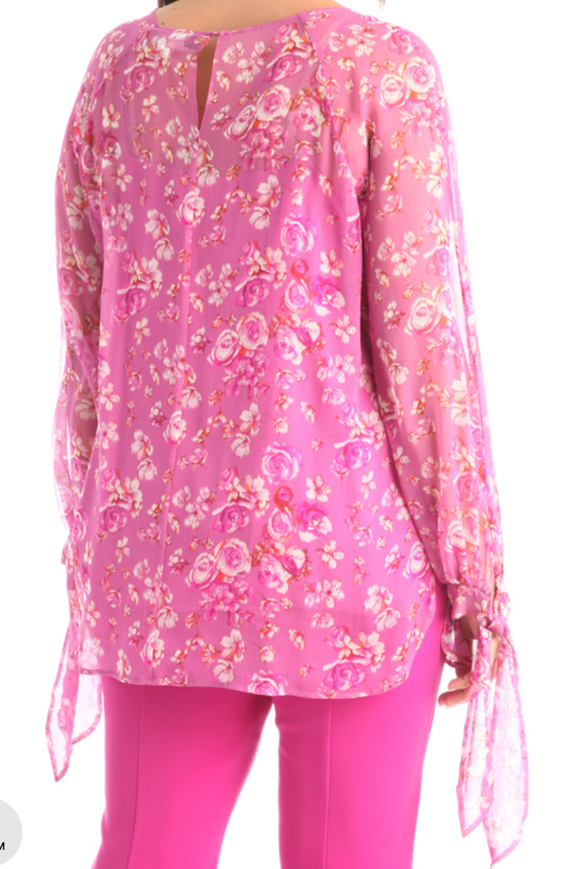 Camicia in georgette di seta rosa a fiori Tg 50