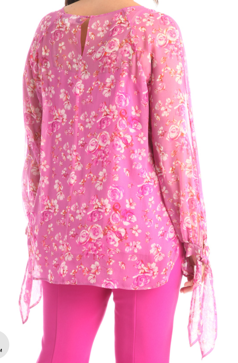 Camicia in georgette di seta rosa a fiori Tg 50