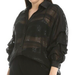 Camicia Jacquard in organza di seta nera con paillettes e maniche morbide Tg 52