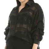 Camicia Jacquard in organza di seta nera con paillettes e maniche morbide Tg 52