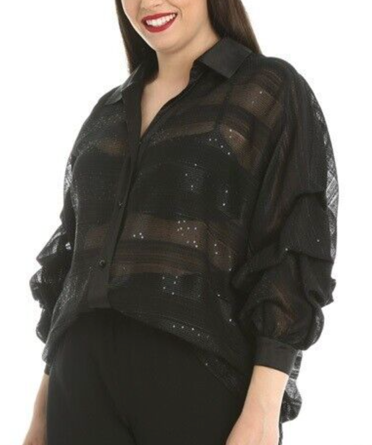 Camicia Jacquard in organza di seta nera con paillettes e maniche morbide Tg 52