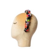 PINETTO - Handmade headband woven with mixed fabrics - orange and black with stones - unique piece