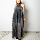 OPERA sleeveless dress - Loose neckline tailored dress in black viscose satin with wrinkled effect