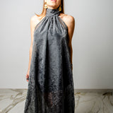 OPERA sleeveless dress - Loose neckline tailored dress in black viscose satin with wrinkled effect