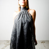 OPERA sleeveless dress - Loose neckline tailored dress in black viscose satin with wrinkled effect