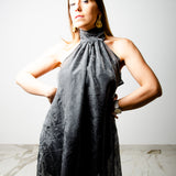 OPERA sleeveless dress - Loose neckline tailored dress in black viscose satin with wrinkled effect