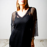 OPERA sleeveless dress - Loose neckline tailored dress in black viscose satin with wrinkled effect