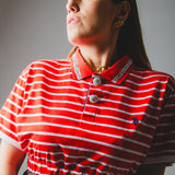 Vintage re-made red and white striped polo shirt personalized with silver rhinestones and jewel buttons - cropped version