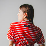 Vintage re-made red and white striped polo shirt personalized with silver rhinestones and jewel buttons - cropped version