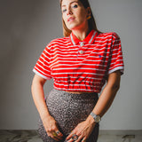 Vintage re-made red and white striped polo shirt personalized with silver rhinestones and jewel buttons - cropped version